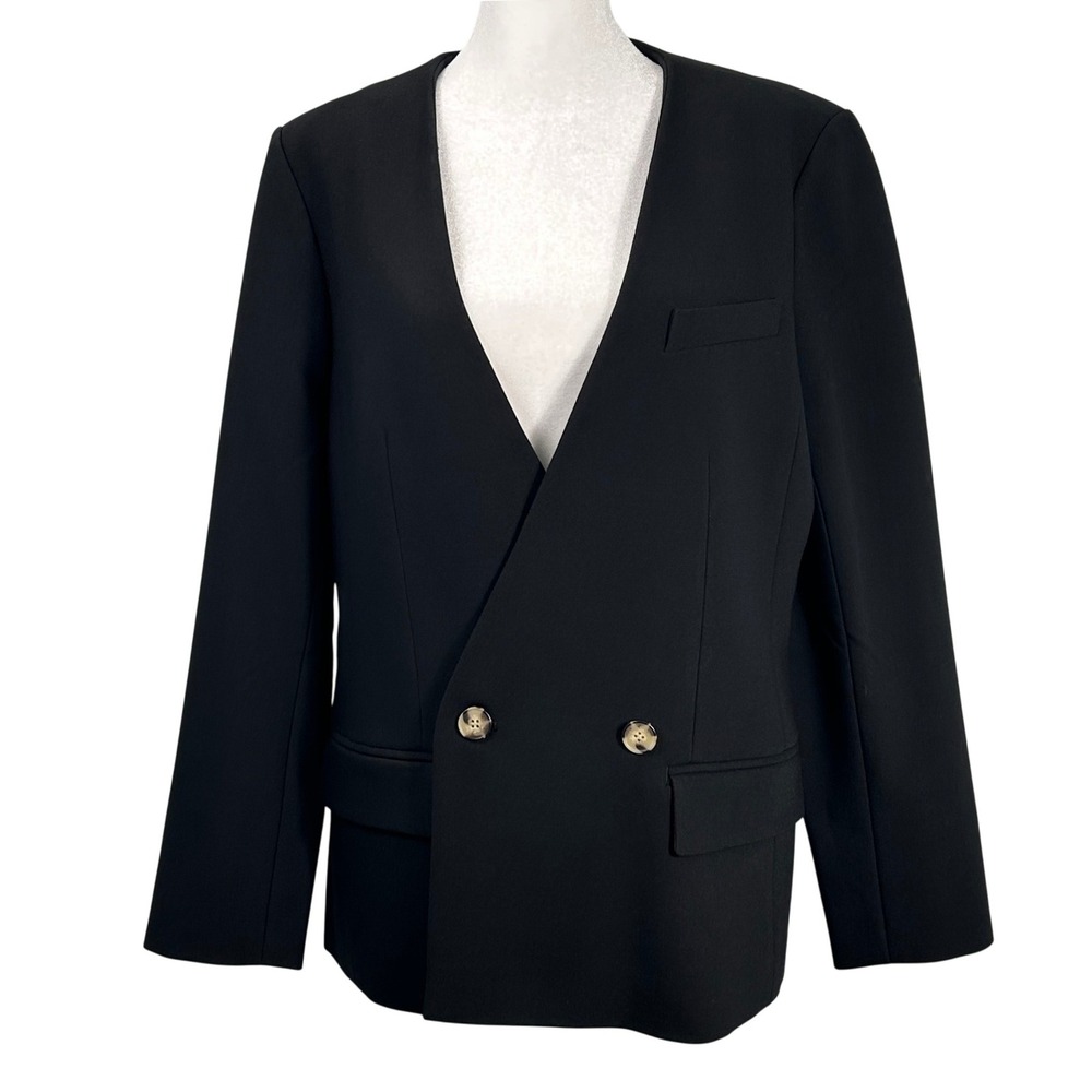 Club Monaco Blazer Womens 12 Black Minimalist Collarless Double Breasted V-Neck